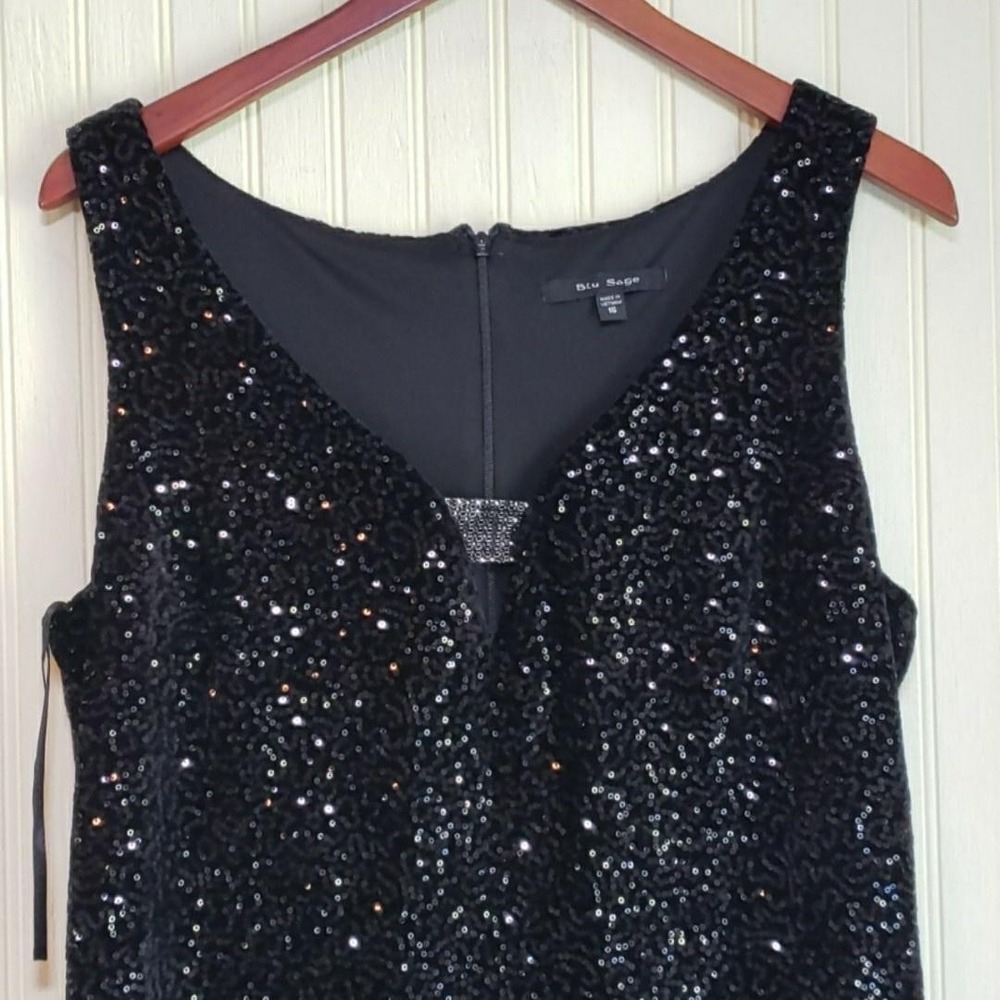 Blu Sage Dress Womens 16 Black Sequin Sleeveless V Neck Sheath Knee Length